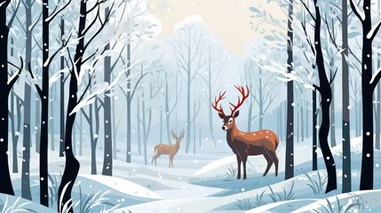 In the winter forest, a deer. Adorable scene with winter repetition. a horizontal picture of the forest in winter.