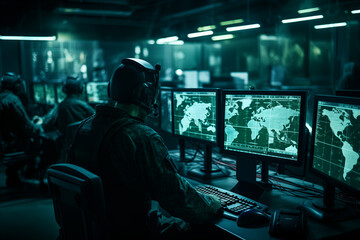 Military operator surveillance use computer for control security drone or air strike to in city. Concept cyber command post of army - obrazy, fototapety, plakaty