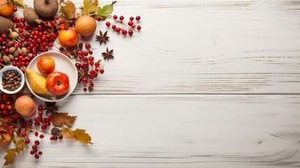 A table setting with delicious fall food. View from above against a backdrop of white wood