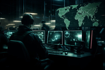 Military operator surveillance use computer for control security drone or air strike to in city. Concept cyber command post of army - obrazy, fototapety, plakaty
