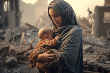 Young woman mother in hijab holds baby child against background of destroyed buildings home due to...