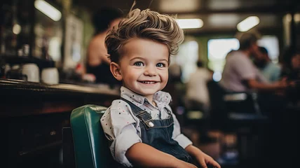 Fensteraufkleber Schönheitssalon Happy hipster child boy in barbershop with fashion haircut, background barber shop