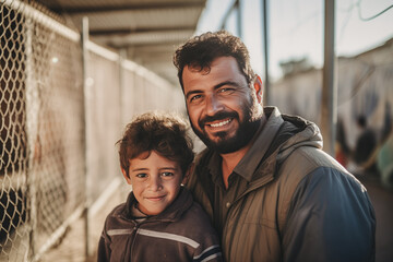 Portrait of refugee family dad and son child at border checkpoint of tent camp. Concept Illegal immigrant due to war, loss of home