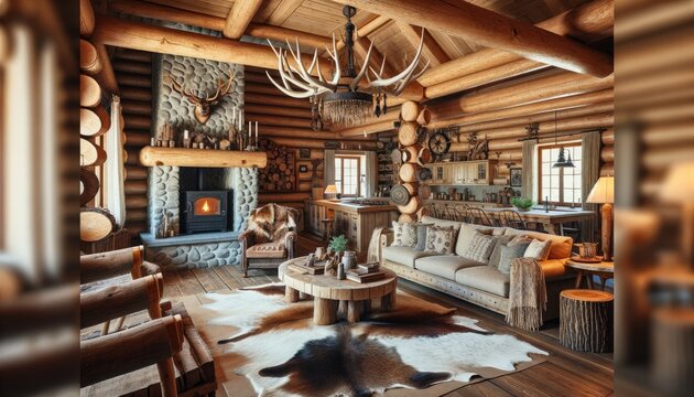 rustic living area in a log cabin with wooden beams, a stone fireplace, cozy furnishings, antler chandeliers, and a rug made of animal hides. On the side, there's a vintage wooden kitchen with open sh