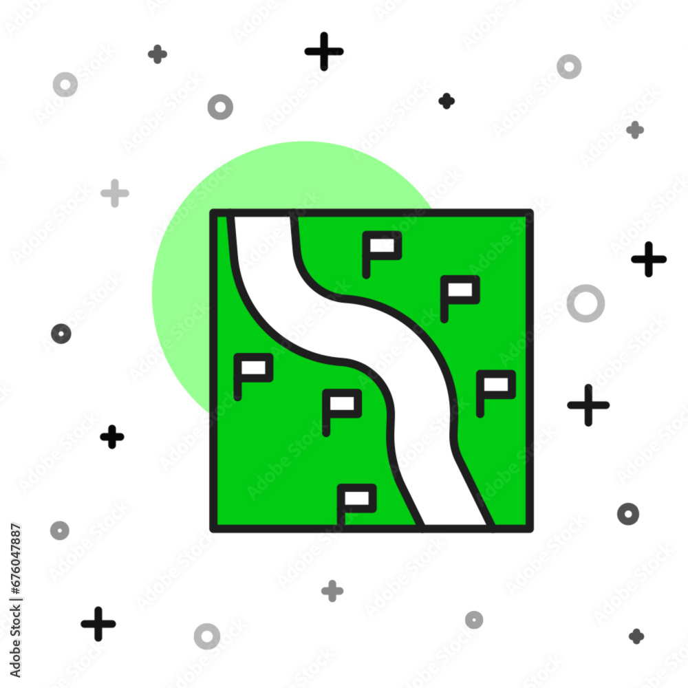 Poster filled outline route location icon isolated on white background. train line path of train road route