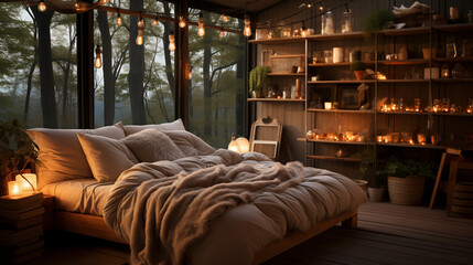Gemütliches Schlafzimmer mit Lichterketten und Kerzen, Holz, Natur, entpsannen. wohlfühlend, ambiente - obrazy, fototapety, plakaty