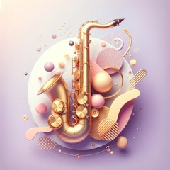 Minimalist and modern saxophone illustration with 3D floating elements in pastel tones, embodying tranquility and balance. - obrazy, fototapety, plakaty