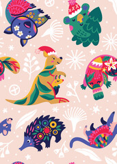 Cute festive decorative Australian animals. Vector seamless pattern