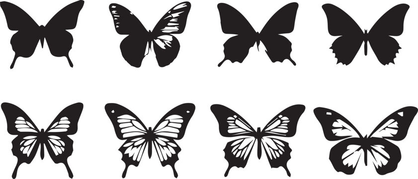 Flying butterflies silhouette black set isolated on transparent background