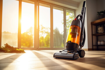 Close up view of  vacuum cleaner on flooring of modern living room in background of beautiful sunlight. Concept of cleaning and cleanliness.