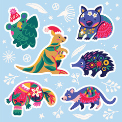 Fototapeta na wymiar Collection of stickers with Christmas Australian animals