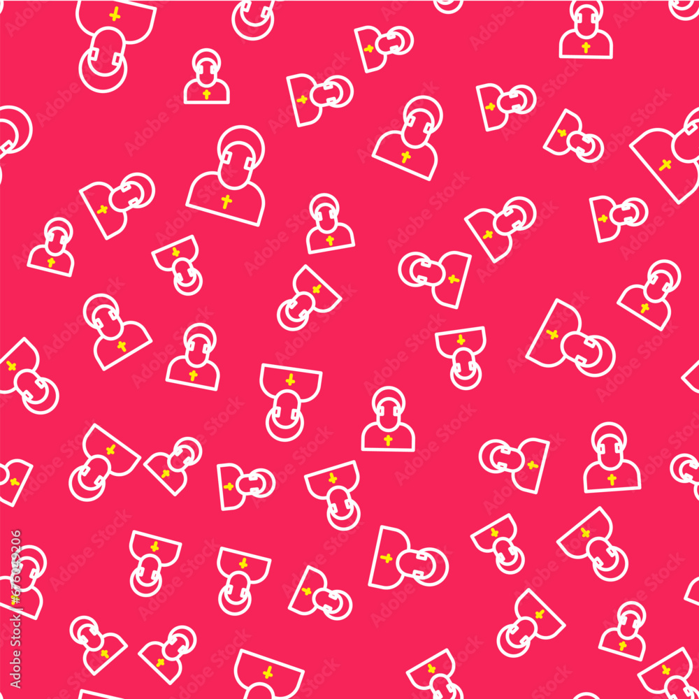 Poster line monk icon isolated seamless pattern on red background. vector
