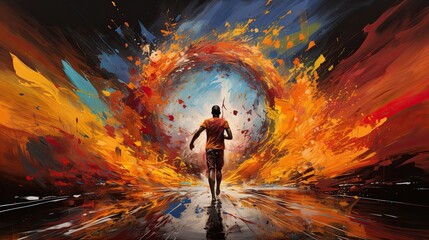 Athlete runs to victory with fiery Olympic ring with copy space - obrazy, fototapety, plakaty