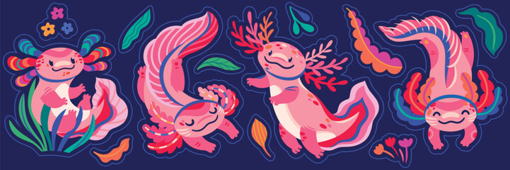 Stickers of cute pink cartoon axolotls, amphibian creatures 