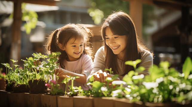 Digital photo a cute child with her parent take a care of indoor plants in the courtyard