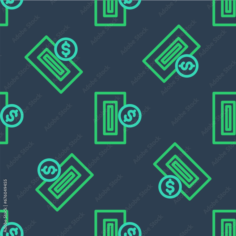 Poster line hand inserting coin to a slot on a vending machine or arcade machine icon isolated seamless pat