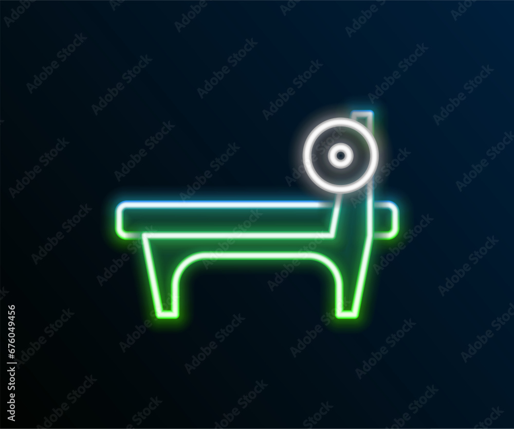 Sticker Glowing neon line Bench with barbel icon isolated on black background. Gym equipment. Bodybuilding, powerlifting, fitness concept. Colorful outline concept. Vector