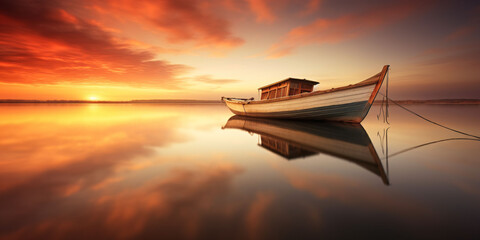  A boat with subtle reflections is mooring  - obrazy, fototapety, plakaty