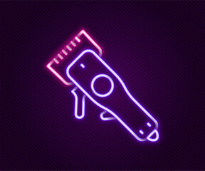 Glowing neon line Electrical hair clipper or shaver icon isolated on black background. Barbershop symbol. Colorful outline concept. Vector