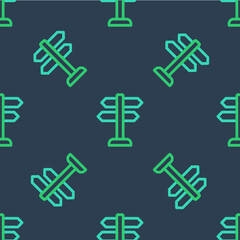 Obraz premium Line Road traffic sign. Signpost icon isolated seamless pattern on blue background. Pointer symbol. Isolated street information sign. Direction sign. Vector