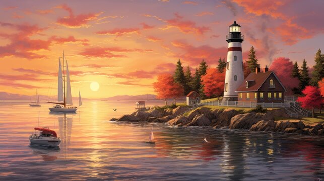  a painting of a lighthouse with a sailboat in the foreground and a sailboat in the foreground.  generative ai