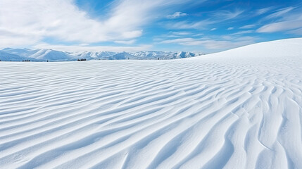 Closeup texture of the untouched snow crust on the snowy mountains and blue sky background