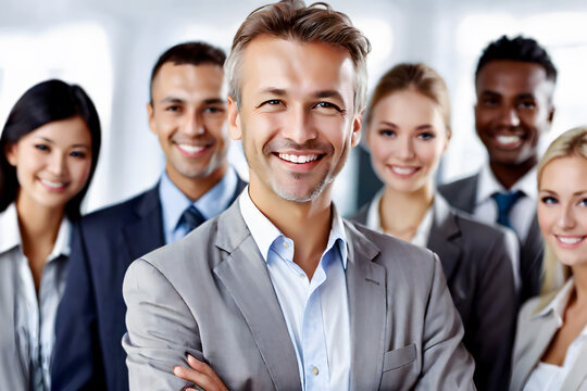 smiling mid-age businessman standing in front of team, at meeting room office, smiling at camera