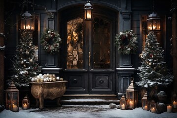 exteriors of the house are decorated for Christmas or New Year's holiday, city street in winter, snow, gifts on the porch, and street lights, a fairy-tale environment