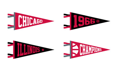 Chicago, Illinois basketball Pennant Flags Set. Vector basketball flag Icons. University USA Sport flag, isolated