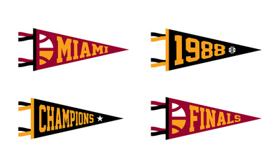 Miami, Florida basketball Pennant Flags Set. Vector basketball flag Icons. University USA Sport flag, isolated - obrazy, fototapety, plakaty