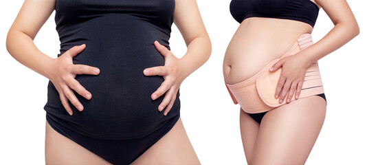 Fototapeta premium Collage of young pregnant woman in black shirt posing.