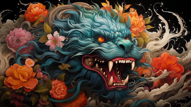 Nian Monster Legend: Artistic interpretation of the legendary Nian monster, believed to be warded off with loud noises and vibrant colors during the holiday