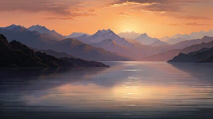  a painting of a sunset over a mountain range with a lake in the foreground and mountains in the background.  generative ai