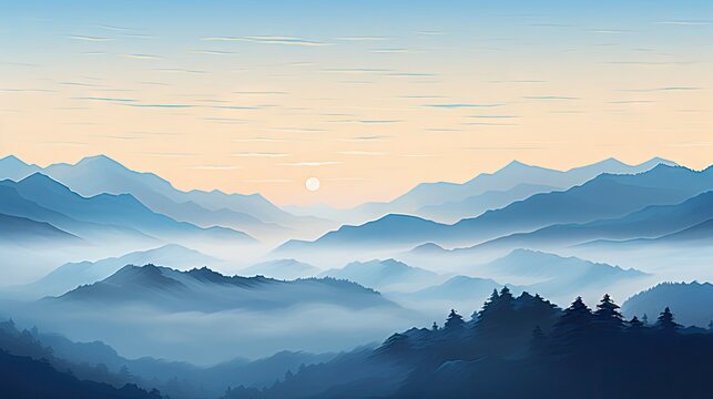  a painting of a mountain range with trees in the foreground and a full moon in the sky in the background.  generative ai