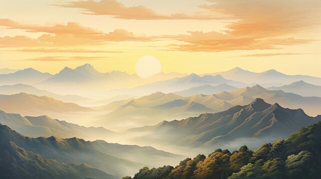  a painting of a mountain range with the sun in the distance and the clouds in the sky over the mountains.  generative ai