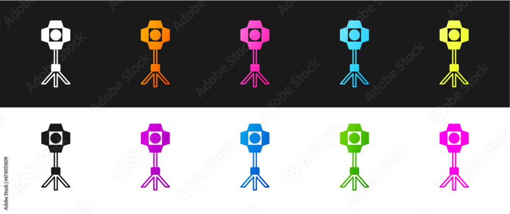 Poster set studio light bulb in softbox icon isolated on black and white background. shadow reflection desi