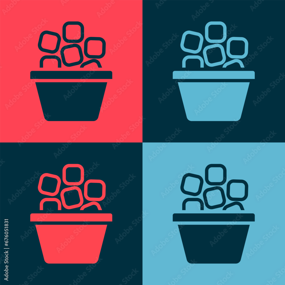 Poster pop art ice bucket filled with ice cubes icon isolated on color background. vector