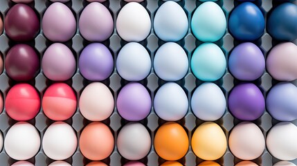  a group of eggs with different colors in a row next to each other on a gray background with a white border.  generative ai