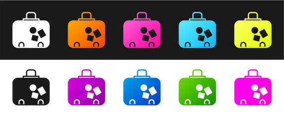 Set Suitcase for travel icon isolated on black and white background. Traveling baggage sign. Travel luggage icon. Vector