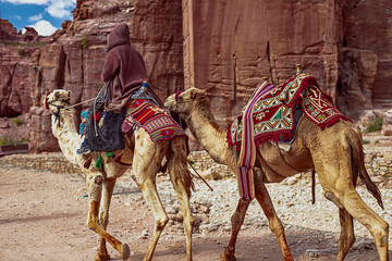Tourists riding camels ride along the Siq Canyon and explore the attractions of the city of Petra,...