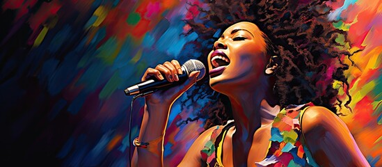 In a vibrant and lively background filled with pulsating music and colorful lights a young African woman with beautiful black hair confidently holds a microphone captivating people with her - obrazy, fototapety, plakaty