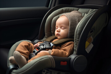 Small child sleeping in a safe car seat - obrazy, fototapety, plakaty