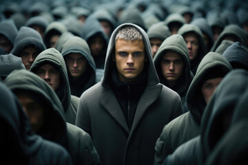 man, a personality in a gray crowd of people, difference and uniqueness concept