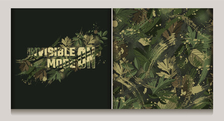 Khaki green camouflage label, pattern with lush foliage, paint splatter, smudge, brush strokes, halftone shapes, text. Dense chaotic composition Good for apparel, fabric, textile, sport goods Not AI