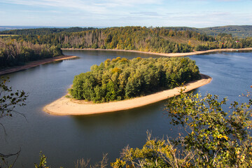 Look from view point to small island in autumn. "Sec" dam, close to ruins of "Oheb" castle.
