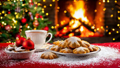 Weihnachtsgeb&auml;ck auf einem Teller vor dekorativem, weihnachtlichen Hintergrund. Festlich geschm&uuml;ckter Tisch.