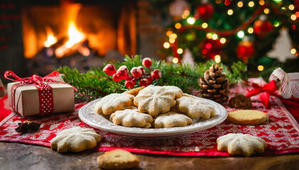 Weihnachtsgeb&auml;ck auf einem Teller vor dekorativem, weihnachtlichen Hintergrund. Festlich geschm&uuml;ckter Tisch.