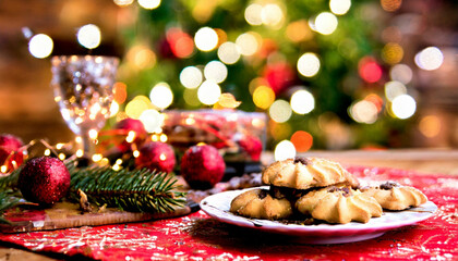 Weihnachtsgeb&auml;ck auf einem Teller vor dekorativem, weihnachtlichen Hintergrund. Festlich geschm&uuml;ckter Tisch.