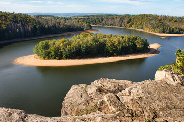 Look from view point to small island in autumn. "Sec" dam, close to ruins of "Oheb" castle. 