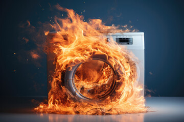 Burning washing machine due to short breakdown or short circuit - obrazy, fototapety, plakaty